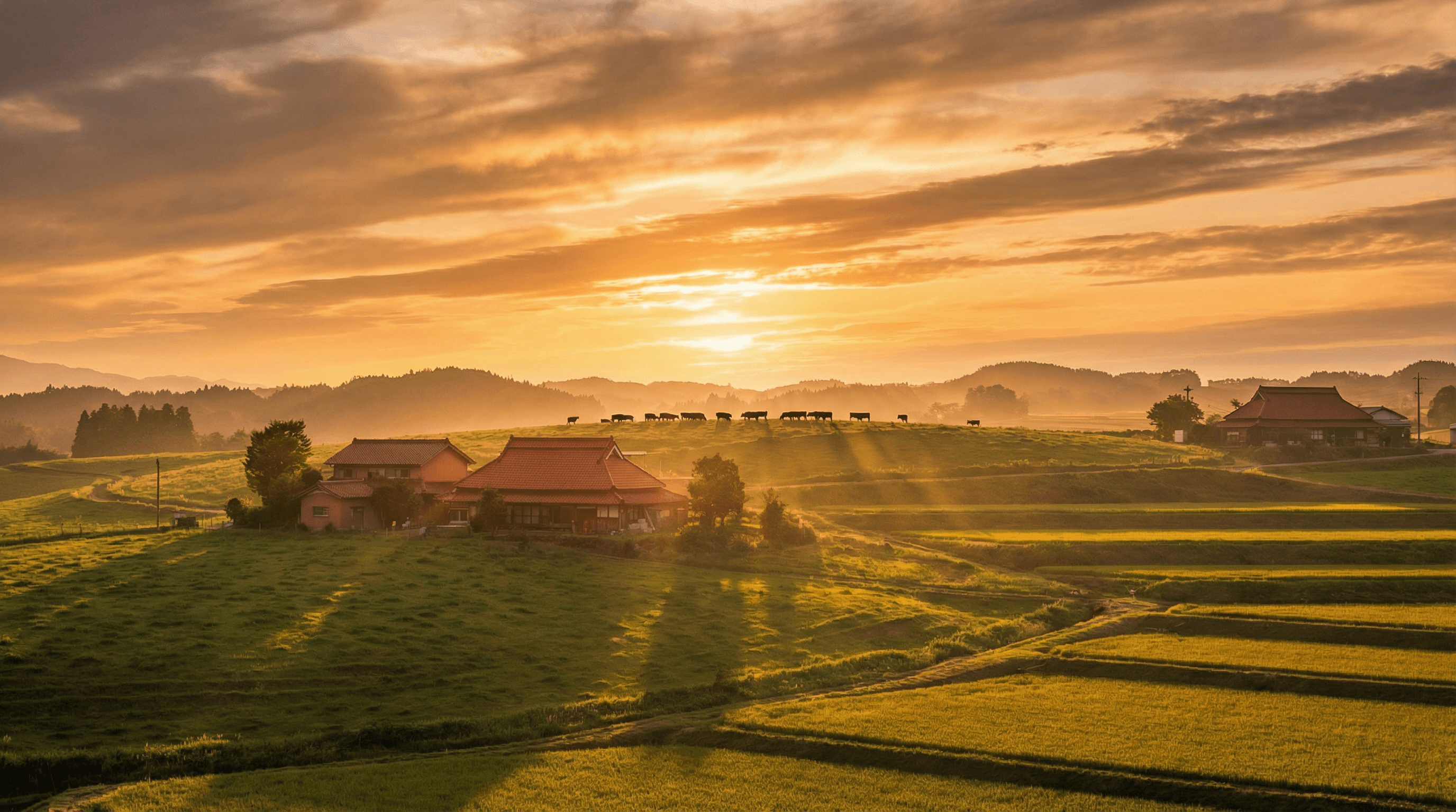 牧場の美しい夕暮れ